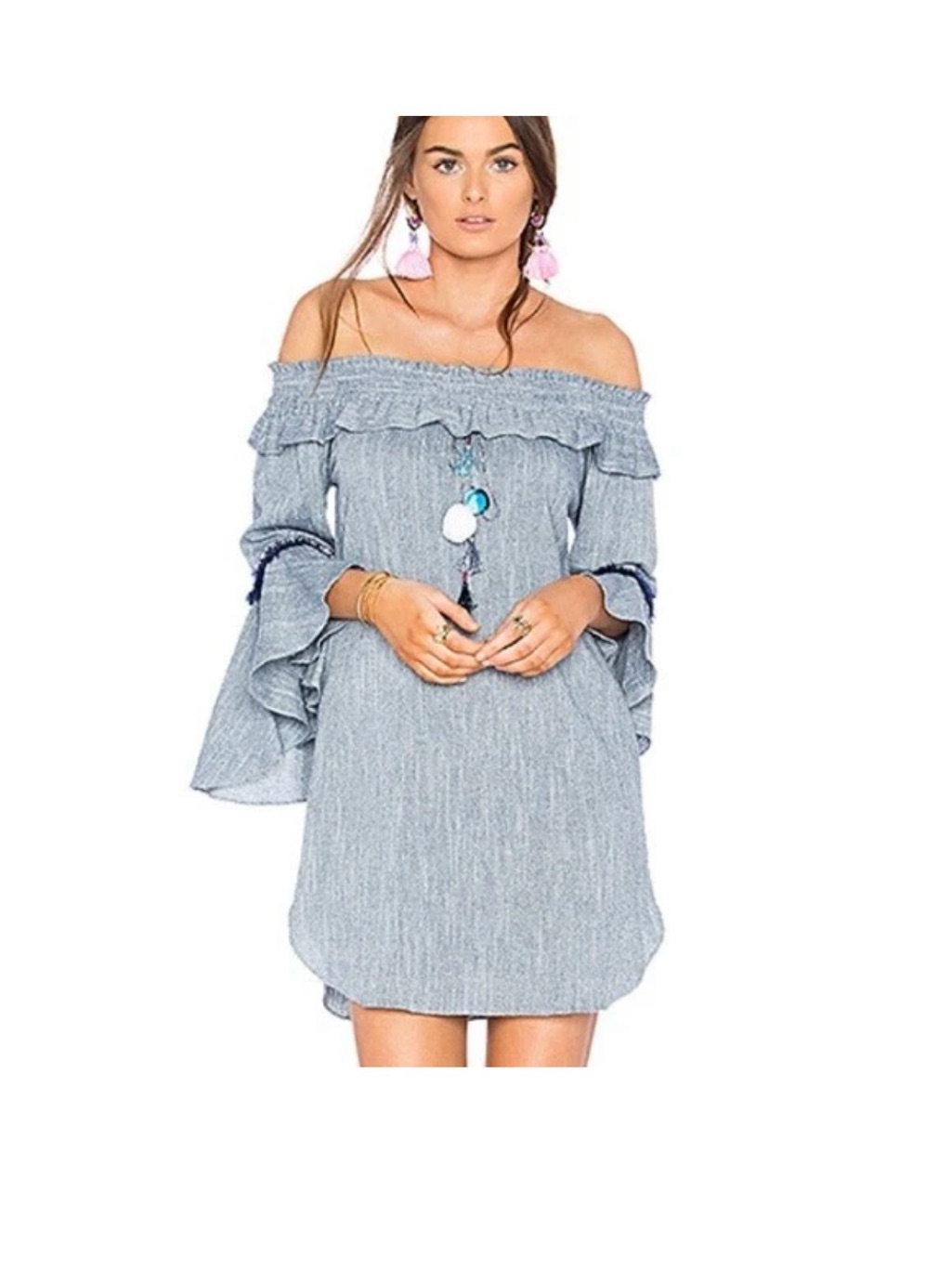 Catherine Malandrino Off Shoulder Dress M Blue Chambray Sleeve Tassel